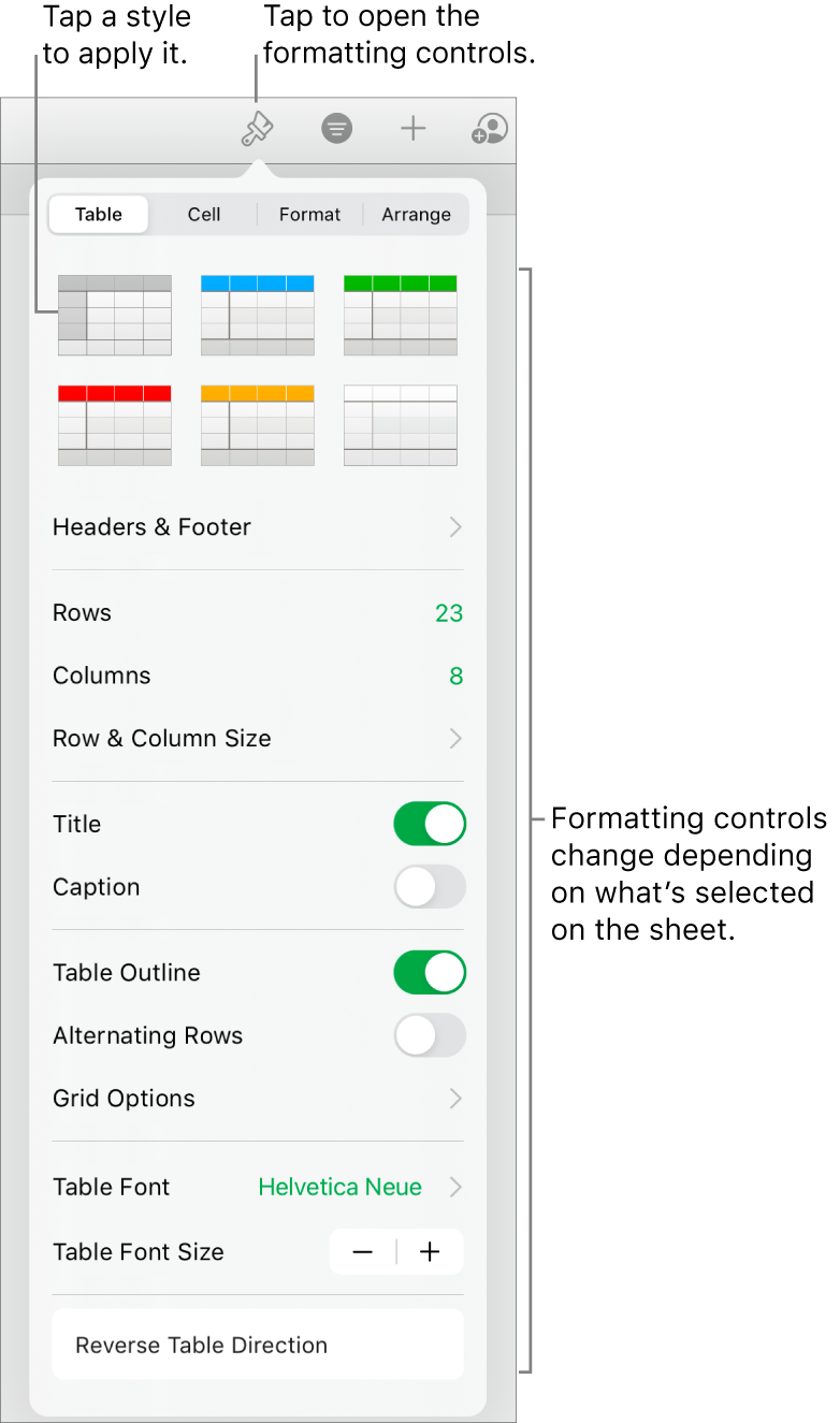 The Table pane of the Format button.