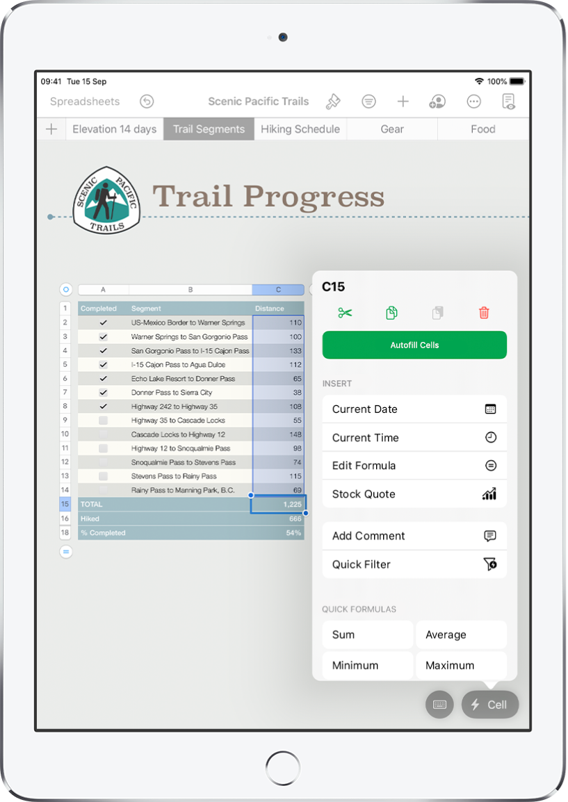 A spreadsheet showing a table of trails hiked and the distance of each trail. The Cell Action menu is open, showing options to add formulas, dates, comments and filters.