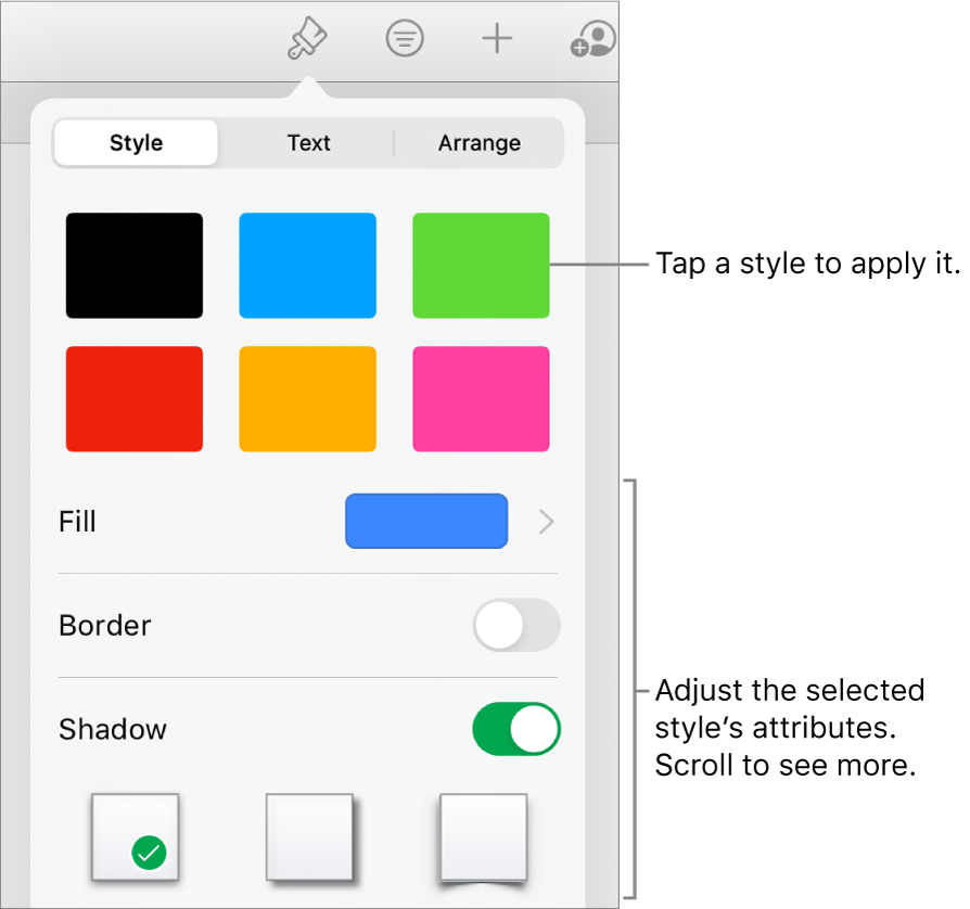 The Style tab of the Format menu with shape styles at the top and controls below them to change the fill, border and shadow.
