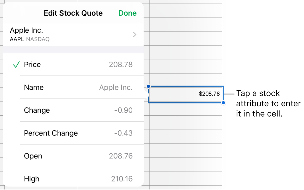 The stock quote popover, with the stock name at the top, and selectable stock attributes including price, name, change, percent change, open, and high listed below.