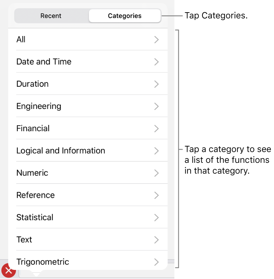 The Functions Browser with the Categories button selected, and the list of categories below.