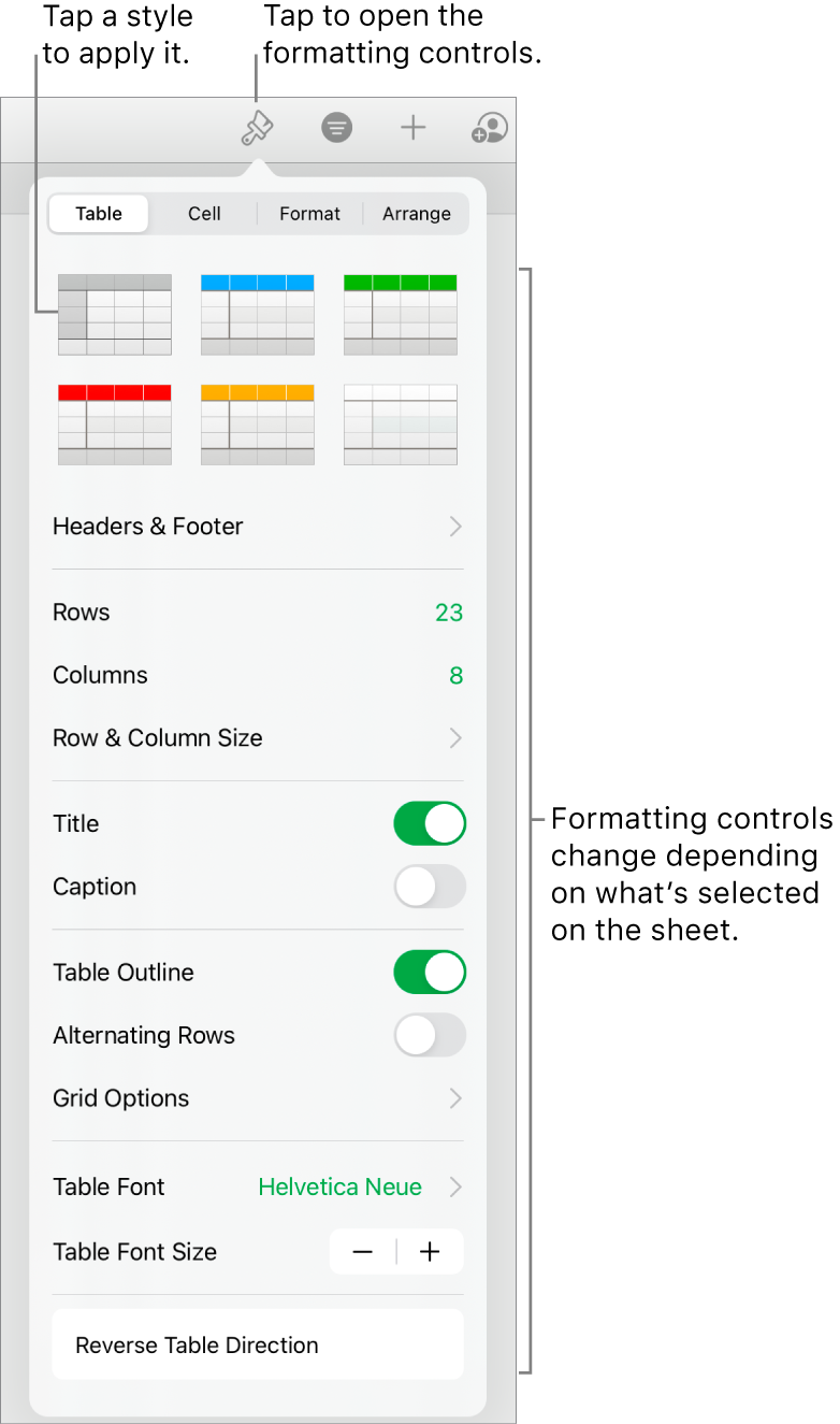 The Table pane of the Format button.