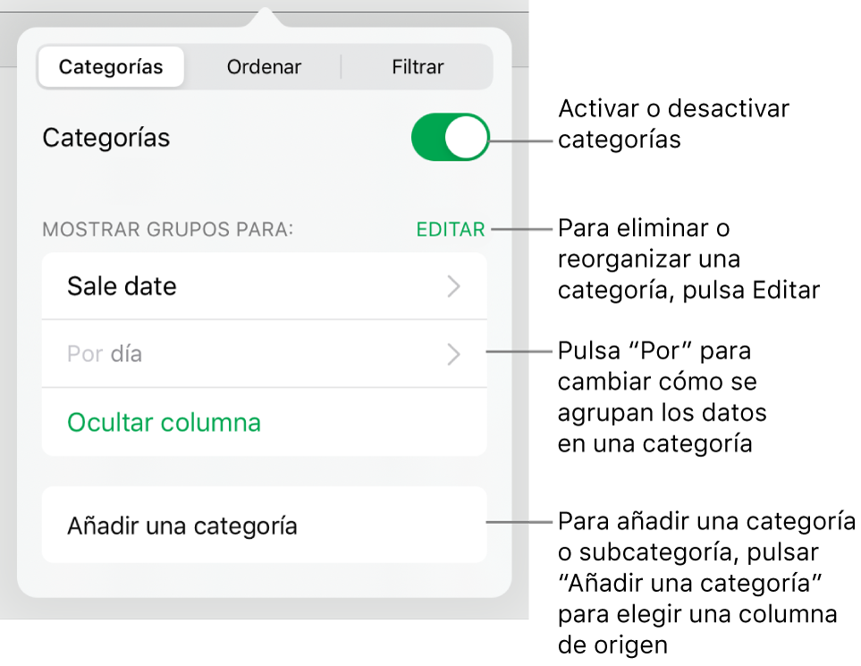 El menú Categorías para iPad con opciones para desactivar categorías, eliminar categorías, reagrupar datos, ocultar una columna de origen y añadir categorías.