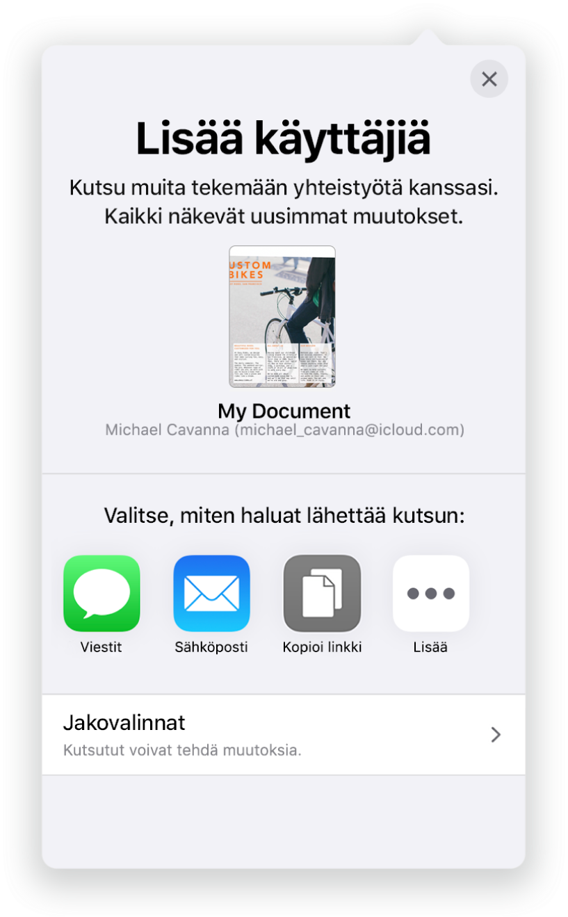 Lisää ihmisiä -näytöllä näkyy kuva laskentataulukosta, jota ollaan jakamassa. Alapuolella on painikkeita kutsun lähettämiseen. Vaihtoehtoina ovat muun muassa Mail ja Kopioi linkki. Alareunassa on Jakovalinnat-painike.