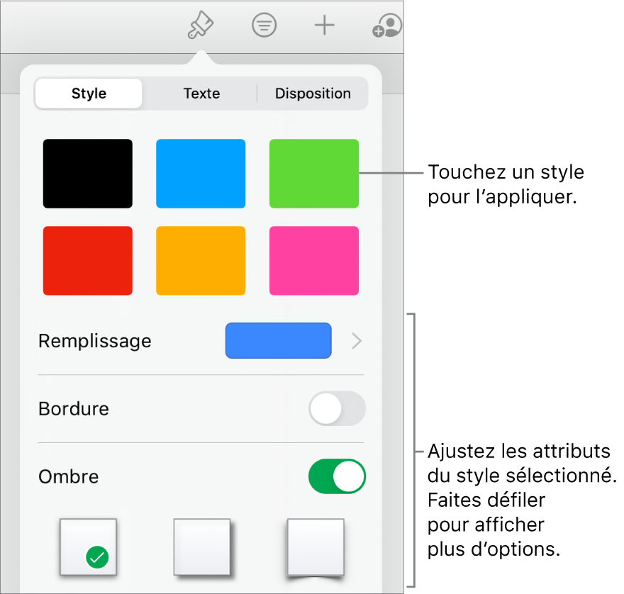 Onglet Style du menu Format avec des styles de forme en haut et, en dessous, des commandes de modification du remplissage, de la bordure et de l’ombre.