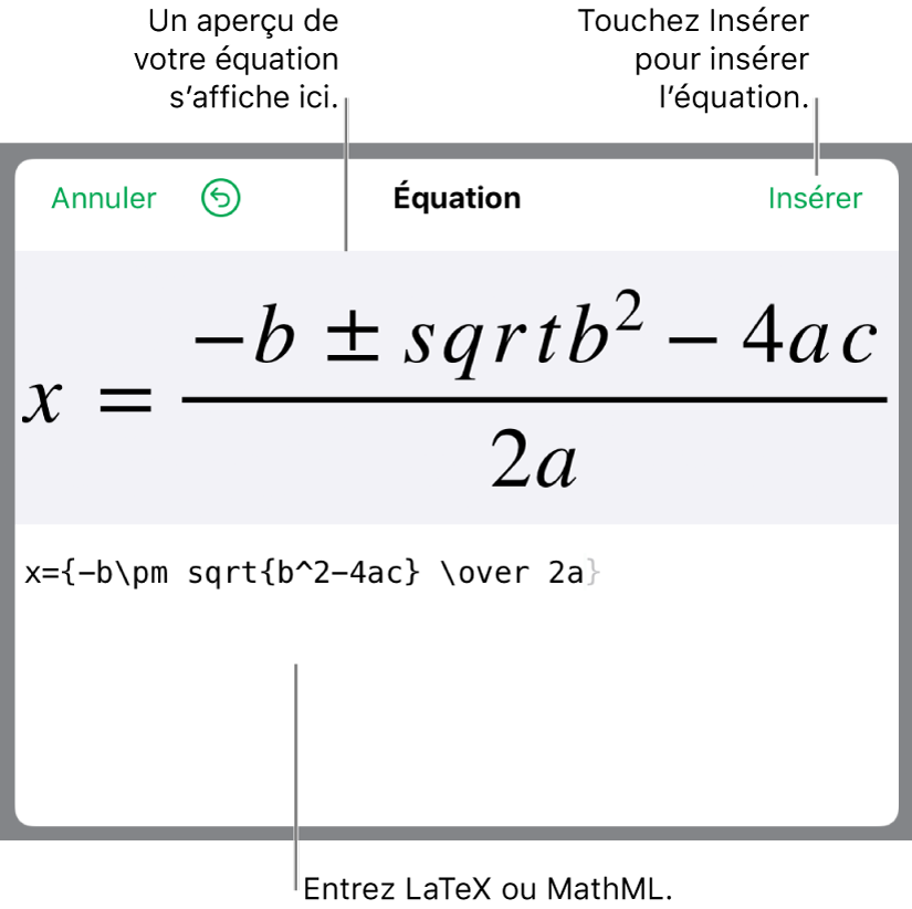 Formule quadratique composée à l’aide du langage LaTeX dans le champ Équation et aperçu de la formule en bas.