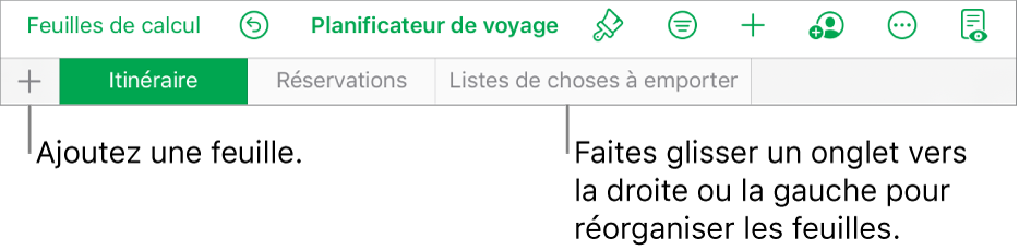 Barre des onglets pour ajouter une feuille et parcourir, réordonner et réorganiser les feuilles.