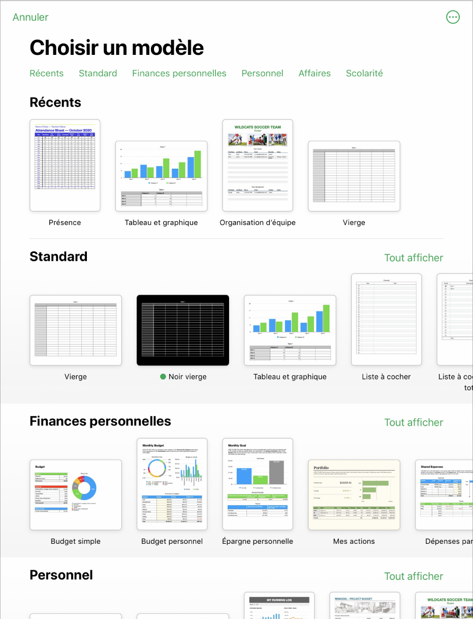 Le sélecteur de modèles affiche en haut une rangée de catégories que vous pouvez toucher pour filtrer les options. En dessous, des vignettes de modèles prédéfinis sont disposées en rangées par catégorie, en commençant en haut par Récents, suivi de Standard et de Finances personnelles. Un bouton « Voir tout » apparaît au-dessus et à droite de la ligne de chacune des catégories. Le bouton Langue et région se trouve dans le coin supérieur droit.