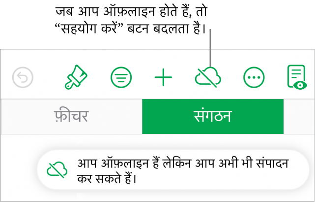 स्क्रीन के शीर्ष पर बटन, “सहयोग करें” बटन के विकर्ण रेखा वाले क्लाउड में बदलने पर। स्क्रीन पर एक अलर्ट कहता है, “आप ऑफ़लाइन हैं लेकिन अब भी संपादित कर सकते हैं।“