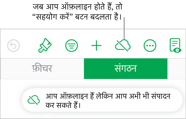 स्क्रीन के शीर्ष पर बटन, “सहयोग करें” बटन के विकर्ण रेखा वाले क्लाउड में बदलने पर। स्क्रीन पर एक अलर्ट कहता है, “आप ऑफ़लाइन हैं लेकिन अब भी संपादित कर सकते हैं।“
