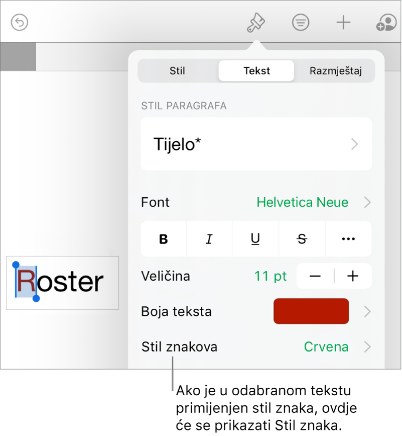 Kontrole za formatiranje teksta sa Stilom znaka ispod Kontrola boja. Stil znaka Bez javlja se s asteriskom.