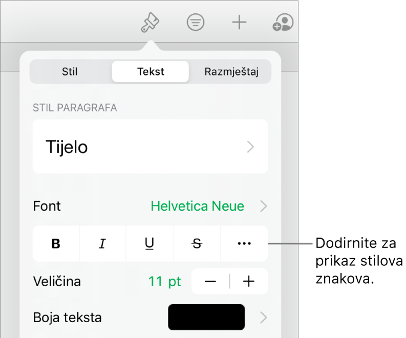 Kontrole opcije Formatiraj sa stilovima paragrafa pri vrhu, zatim kontrole Fonta. Ispod su tipke opcija teksta Podebljano, Kurziv, Podcrtavanje, Precrtavanje i Više.