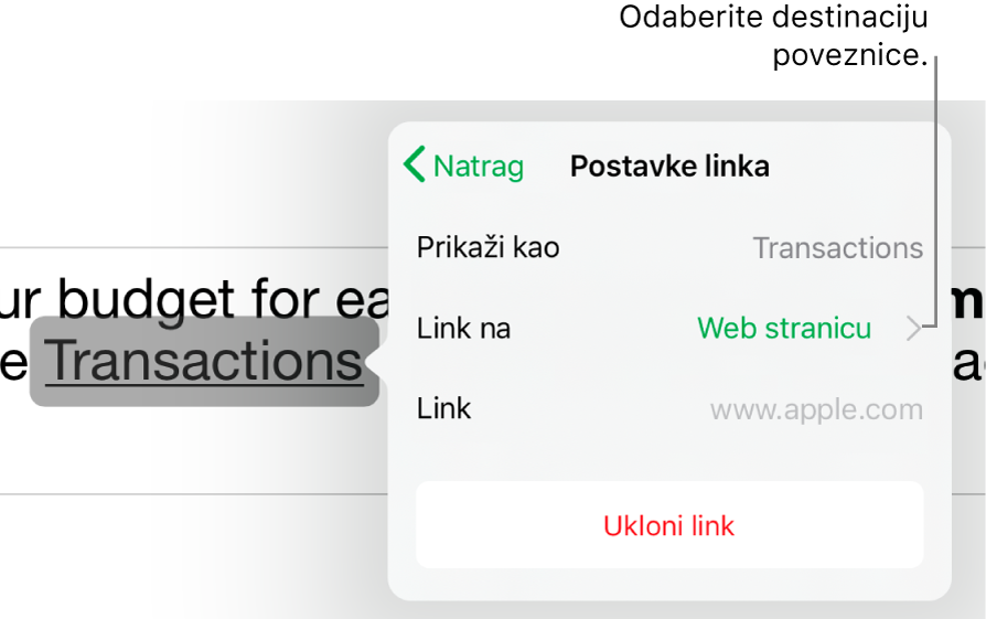 Kontrole Postavke linkova s poljem Prikaži, Link na (odabrana je Web stranica) i Link. Tipka Ukloni link nalazi se pri dnu.