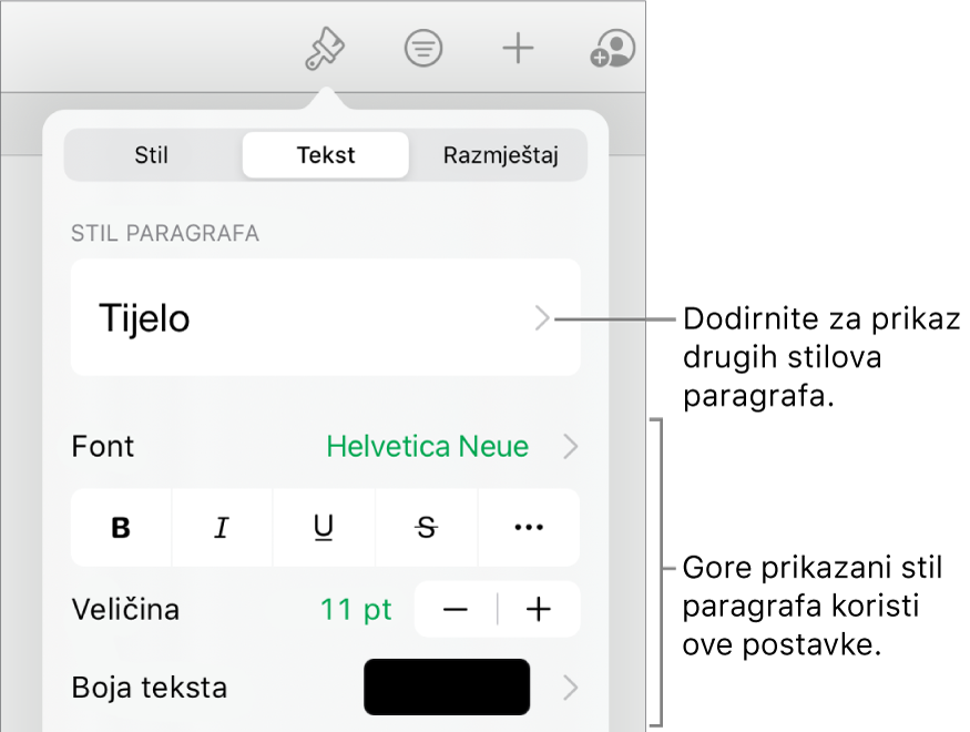 Izbornik Formatiraj s prikazom kontrola teksta za postavljanje paragrafa i stilova paragrafa, fonta, veličine i boje.