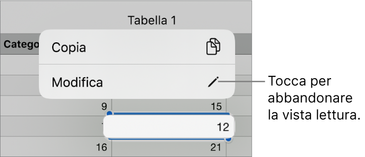 Viene selezionata una cella di tabella e al di sopra di essa si trova un menu contestuale con i pulsanti Copia e Modifica.