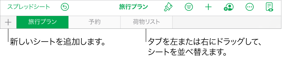 新しいシートの追加、シート内の移動、シートの並べ替えや再編成のためのタブバー。