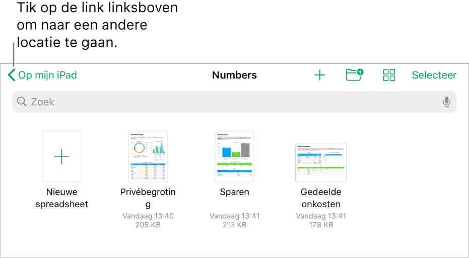 De bladerweergave van de spreadsheetweergave met linksboven een link naar een locatie en daaronder een zoekveld. In de rij onder 'Zoek' staan een knop om een map toe te voegen, knoppen om op naam, datum, grootte of tag te sorteren, en een knop om tussen de lijstweergave en symboolweergave te schakelen. Daaronder staat een knop voor een nieuwe spreadsheet naast miniaturen van bestaande spreadsheets. Onder in het scherm staan de knoppen 'Recent' en 'Bladeren'.