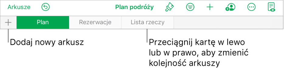 Pasek kart pozwalający na dodawanie nowego arkusza, nawigację, zmienianie kolejności i porządkowanie arkuszy.