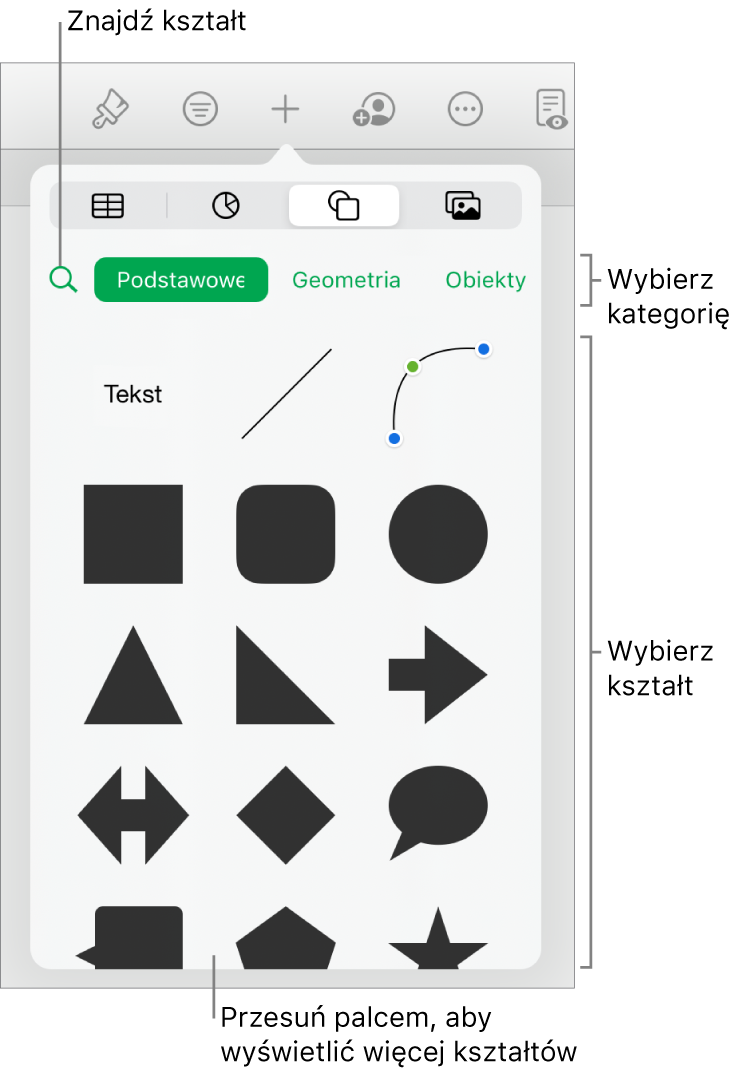 Biblioteka kształtów, na górze widoczne są kategorie, a na dole kształty. Możesz użyć znajdującego się na górze pola wyszukiwania, aby wyszukiwać kształty. Przesuń, aby zobaczyć ich więcej.