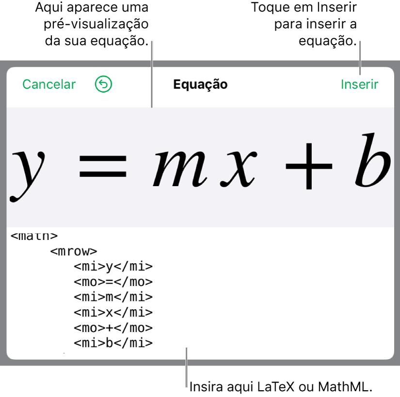 Código MathML para a equação da inclinação de uma linha e uma pré-visualização da fórmula acima.