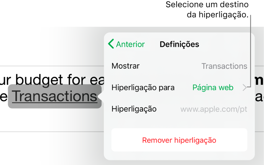 Os controlos de Definições, que contêm os campo Mostrar, “Ligar a” (com “Página Web” selecionada) e Hiperligação. O botão “Remover hiperligação” encontra-se na parte inferior.