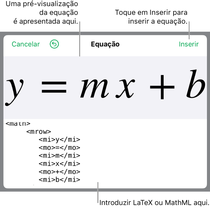 O código MathML para a equação da inclinação de uma linha e uma pré-visualização da fórmula acima.