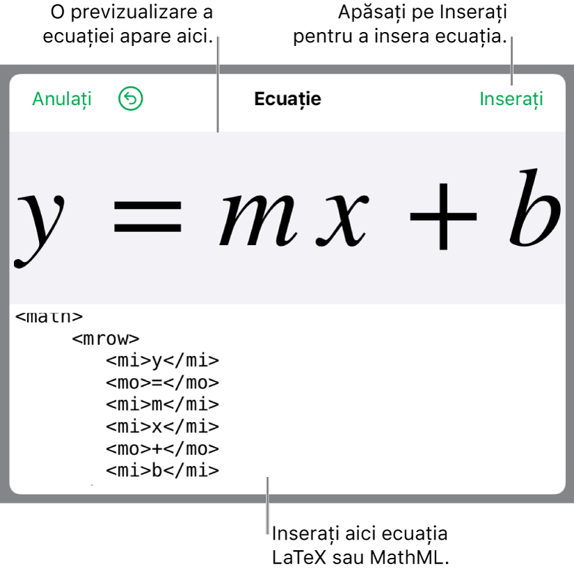 Codul MathML pentru ecuația pantei unei linii și o previzualizare a formulei deasupra.