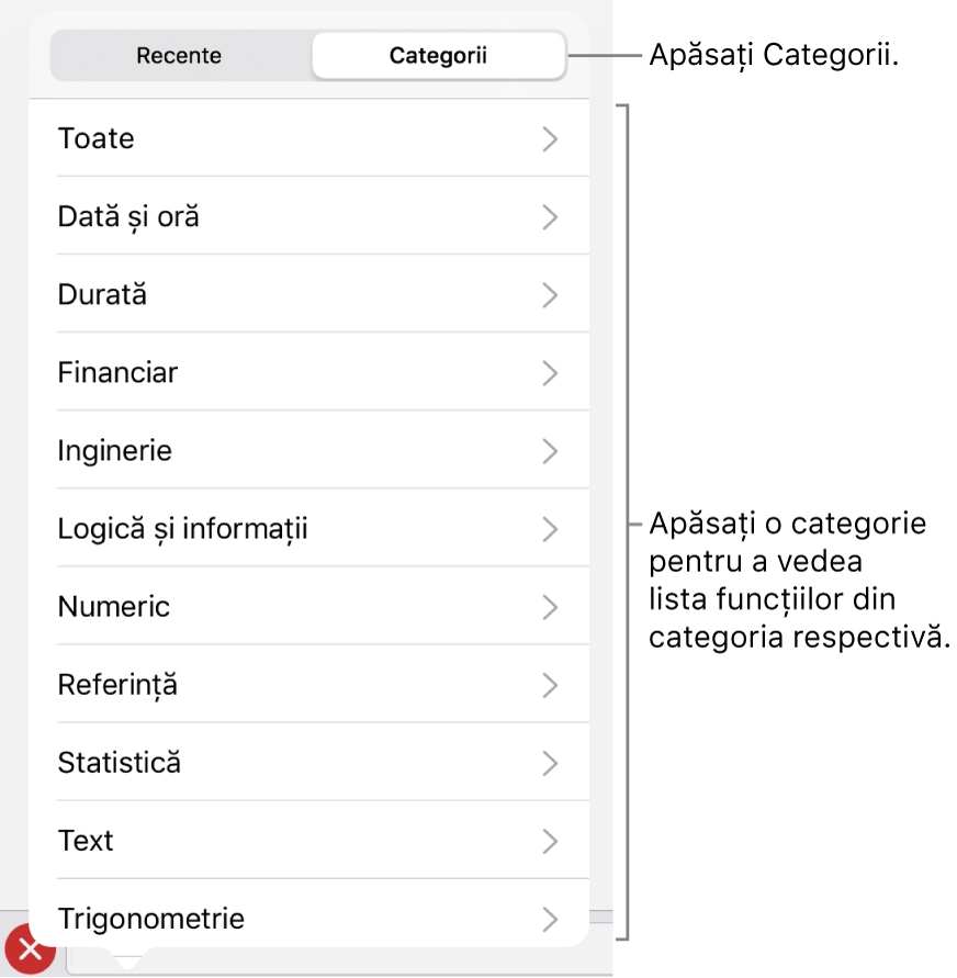 Browserul de funcții cu o explicație pentru butonul Categorii și lista de categorii.
