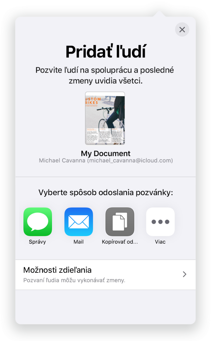 Obrazovka Pridať ľudí znázorňujúca obrázok tabuliek, ktoré sa majú zdieľať. Pod ním sú tlačidlá s možnosťami odoslania pozvánky, vrátane apiek Mail, možnosti Kopírovať odkaz a Viac. V spodnej časti je tlačidlo Možnosti zdieľania.