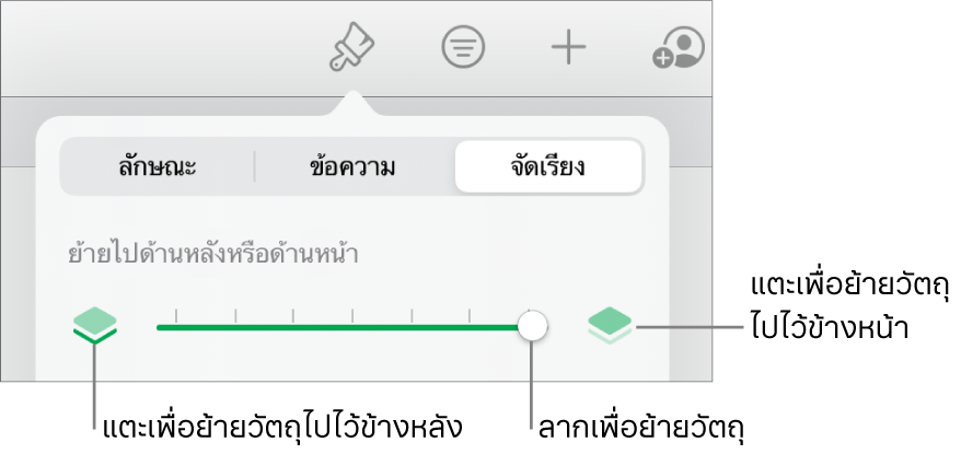 ปุ่มย้ายถอยหลัง ปุ่มย้ายไปข้างหน้า และแถบเลื่อนเลเยอร์