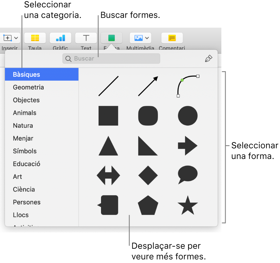 La biblioteca de formes, amb categories a l’esquerra i les formes a la dreta. Pots utilitzar el camp de cerca situat a la part superior per trobar formes i desplaçar‑te per veure’n més.