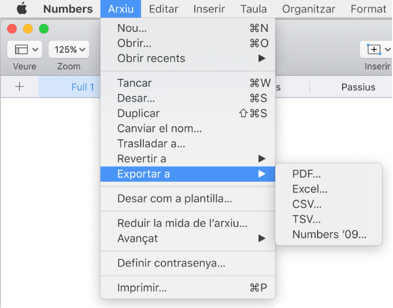 Menú Arxiu obert amb “Exportar a” seleccionat i el submenú corresponent que mostra les opcions d’exportació per a PDF, Excel, CSV i Numbers ’09.