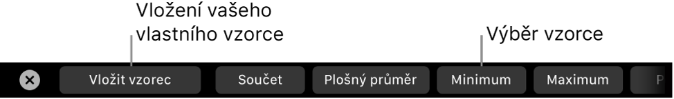 Touch Bar MacBooku Pro s ovládacími prvky pro vložení vlastního vzorce a pro výběr běžně používaných vzorců