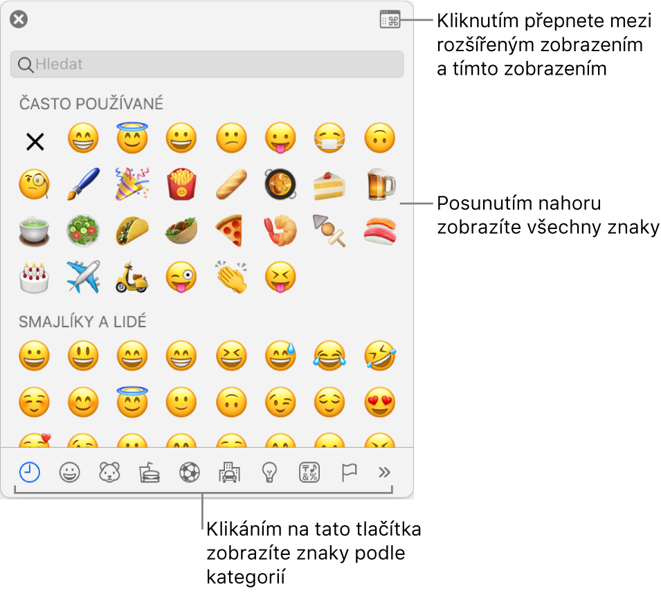 Okno Speciální znaky, obsahující emotikony, tlačítka pro různé typy symbolů u dolního okraje a také popisek tlačítka pro zobrazení okna Znaky v plné velikosti