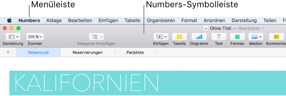 Die Menüleiste oben auf dem Bildschirm mit den Menüs „Apple“, „Numbers“, „Ablage“, „Bearbeiten“, „Einfügen“, „Format“, „Anordnen“, „Darstellung“, „Teilen“, „Fenster“ und „Hilfe“ Unter den Menüleiste befindet sich eine geöffnete Numbers-Tabellenkalkulation mit den Tasten „Darstellung“, „Zoomen“, „Kategorie hinzufügen“, „Vorführen“, „Einfügen“, „Tabelle“, „Diagramm“, „Text“, „Form“, „Medien“ und „Kommentar“ in der Symbolleiste.