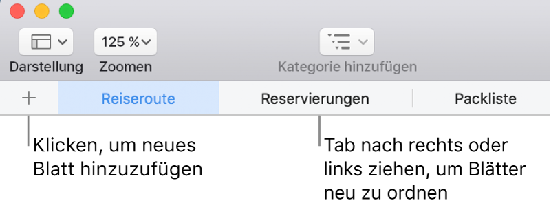 Tableiste zum Hinzufügen eines neuen Blatts und zum Ändern der Anordnung der Blätter