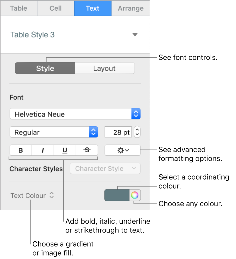 Control for styling table text.