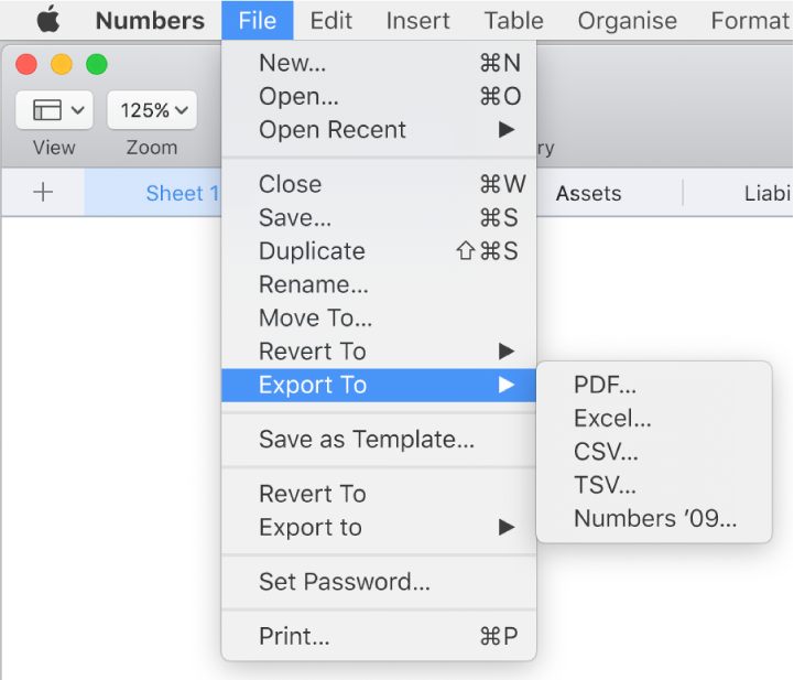 The File menu open with Export To selected, with its submenu showing export options for PDF, Excel, CSV and Numbers ’09.