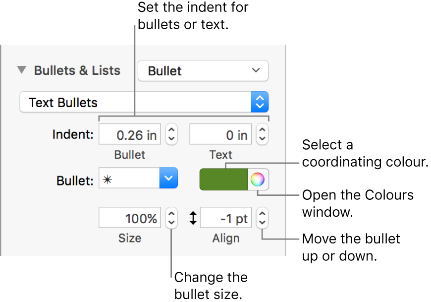 The Bullets and Lists section with a call out to the controls for bullet and text indent, bullet colour, bullet size and alignment.
