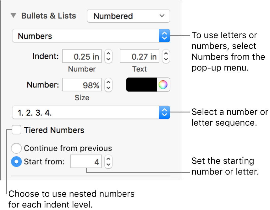 Controls for changing the number style and spacing of a list.