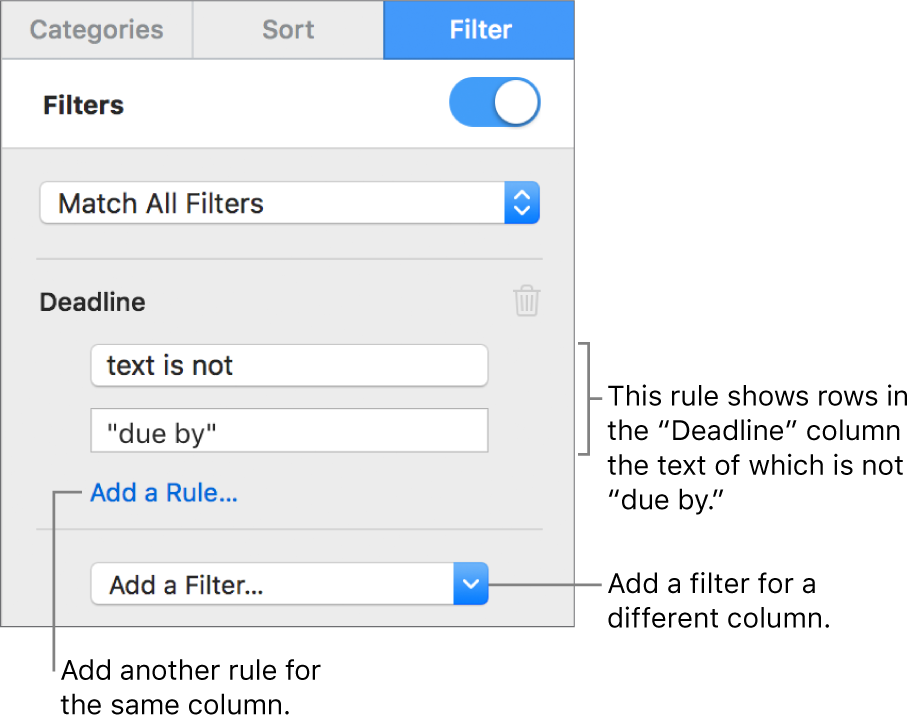 Controls for creating filtering rules.