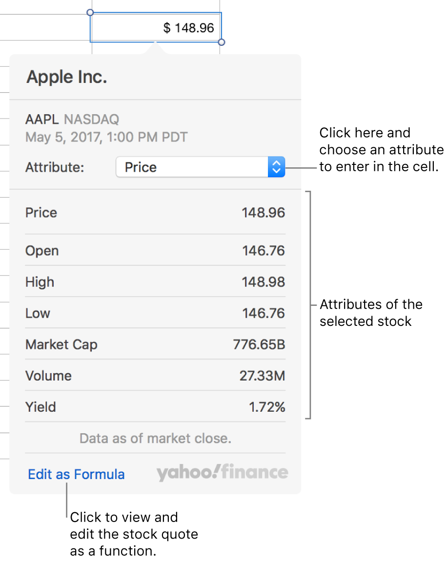The dialog for entering stock attribute information, with Apple as the selected stock.