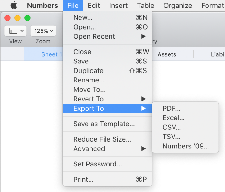 The File menu open with Export To selected, with its submenu showing export options for PDF, Excel, CSV, and Numbers ’09.