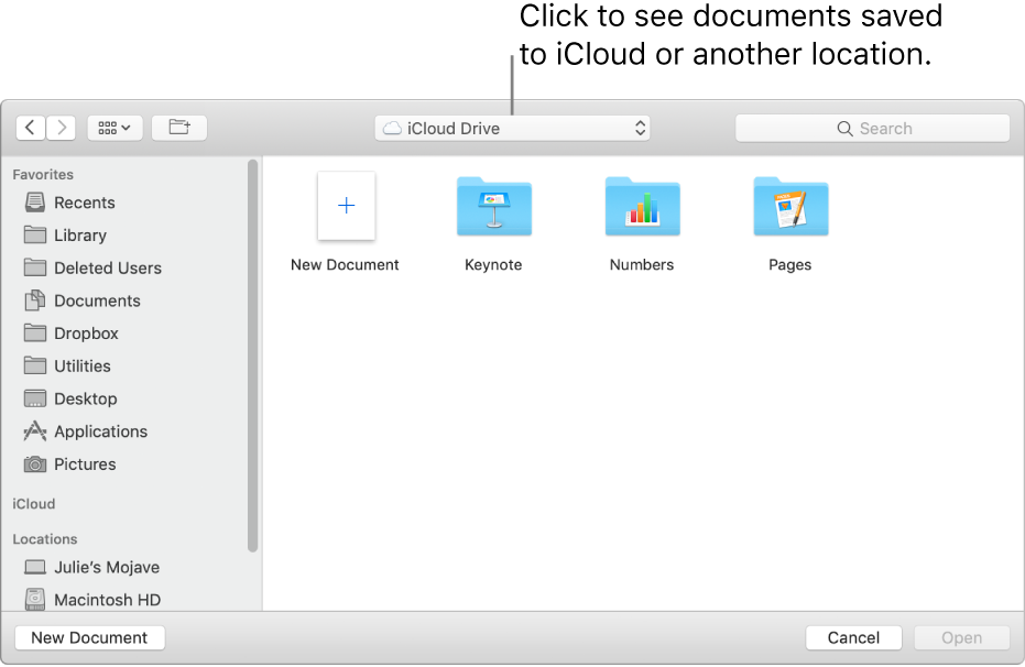 The Open dialog with the sidebar open on the left and iCloud Drive selected in the pop-up menu at the top. Folders for Keynote, Numbers, and Pages appear in the dialog, along with a New Document button.