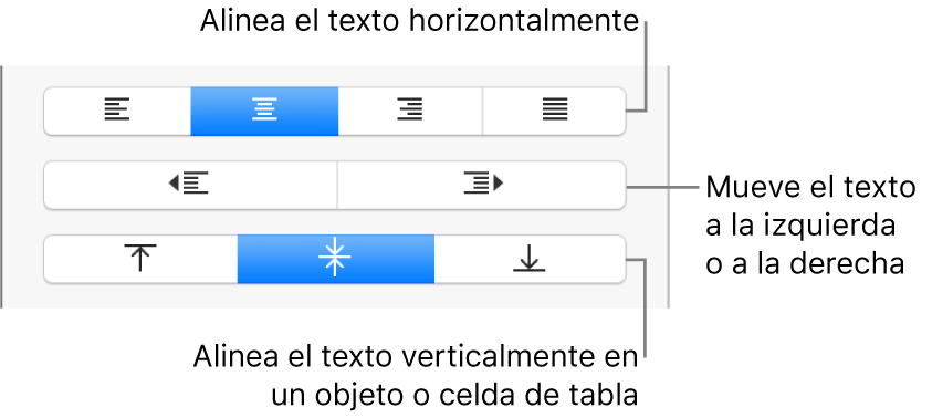 Sección Alineación con botones para alinear el texto horizontalmente, mover el texto hacia la izquierda o hacia la derecha, y alinear el texto verticalmente.