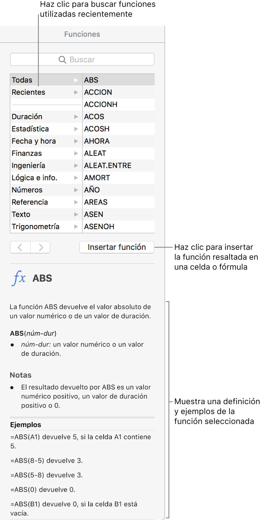 El explorador de funciones con globos en las funciones utilizadas recientemente, el botón “Insertar función” y la definición de la función.