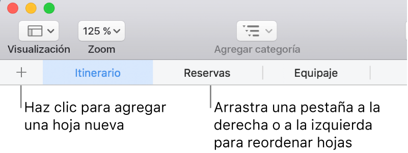 La barra de pestañas para agregar una nueva hoja y reorganizar las hojas.