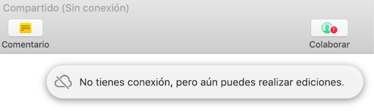 Aparece un signo de exclamación rojo sobre el botón de la barra de herramientas y en la pantalla aparece un aviso que dice “No tienes conexión, pero aún puedes realizar ediciones”.