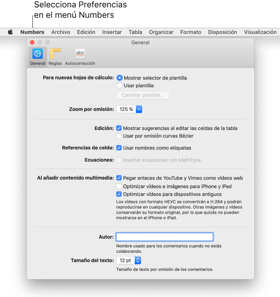 El cuadro de diálogo Preferencias de Numbers con el panel de ajustes General.
