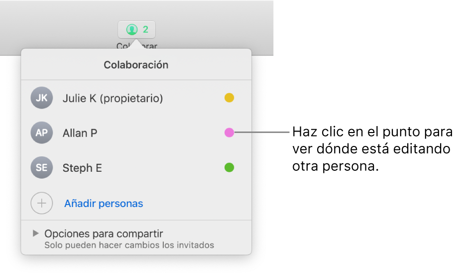 La lista de participantes con tres participantes y un punto de un color distinto a la derecha de cada nombre.